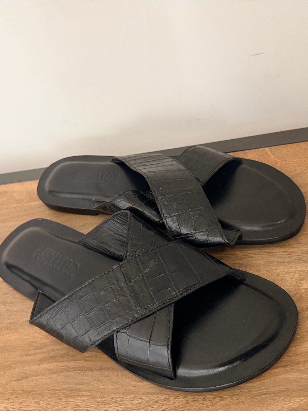 Black Croc-Embossed Crisscross Slide Sandals